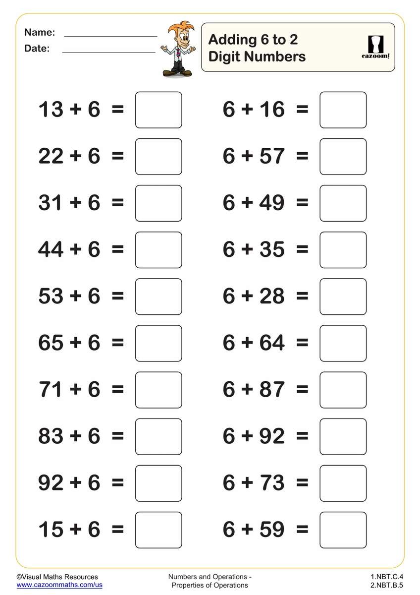 Adding 6 To 2 Digit Numbers 20 Questions PDF Printable Addition Worksheets Cazoom Math
