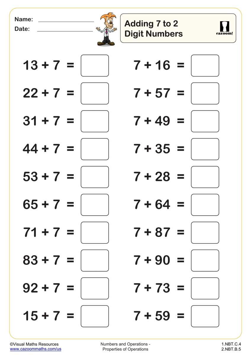 Adding 7 To 2 Digit Numbers 20 Questions PDF Printable Addition Worksheets Cazoom Math