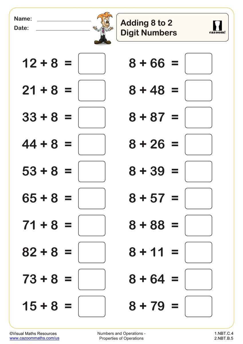 Adding 8 To 2 Digit Numbers 20 Questions PDF Printable Addition Worksheets Cazoom Math