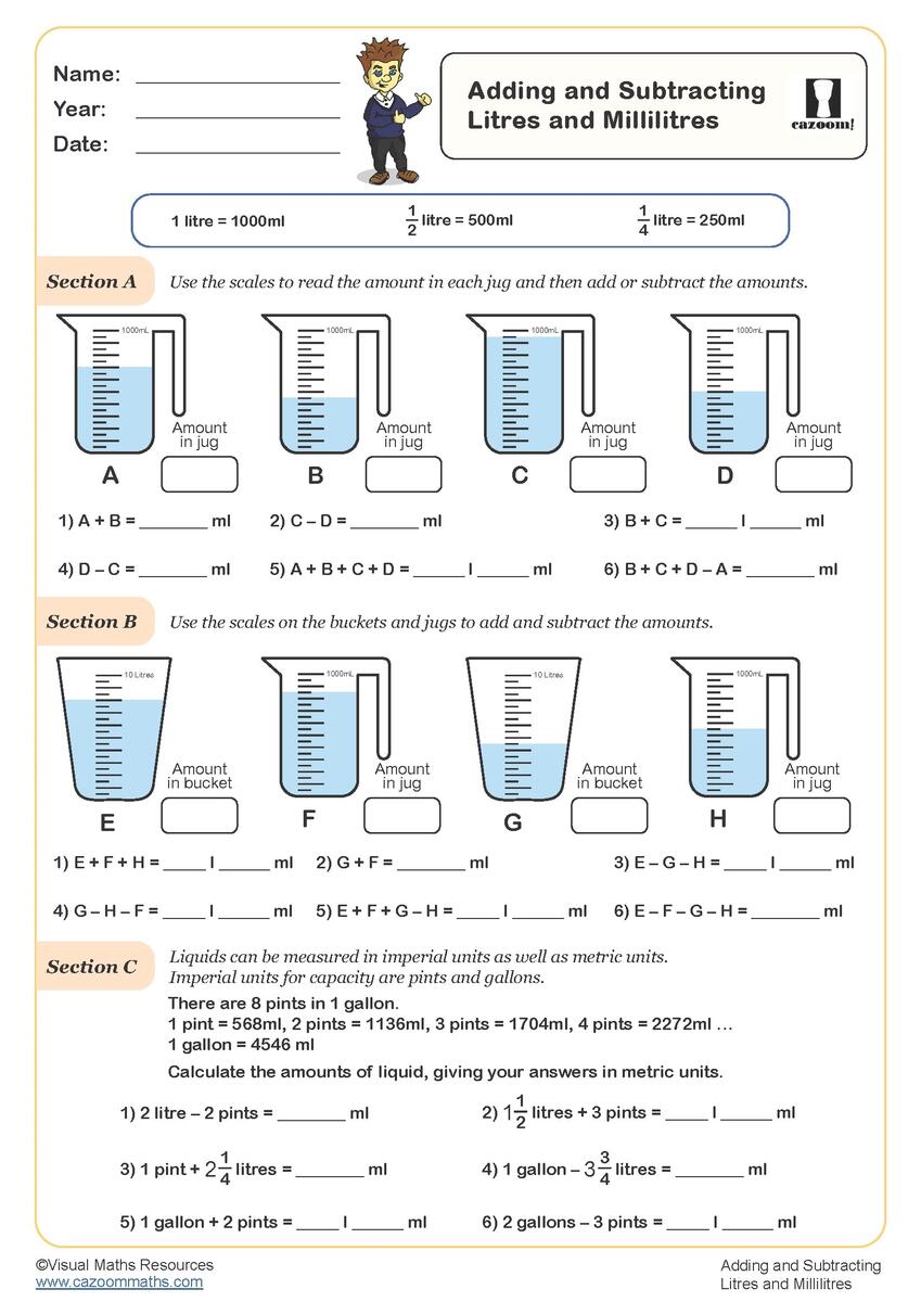 Adding And Subtracting Litres And Millilitres Worksheet Fun And Engaging Year 4 PDF Worksheets