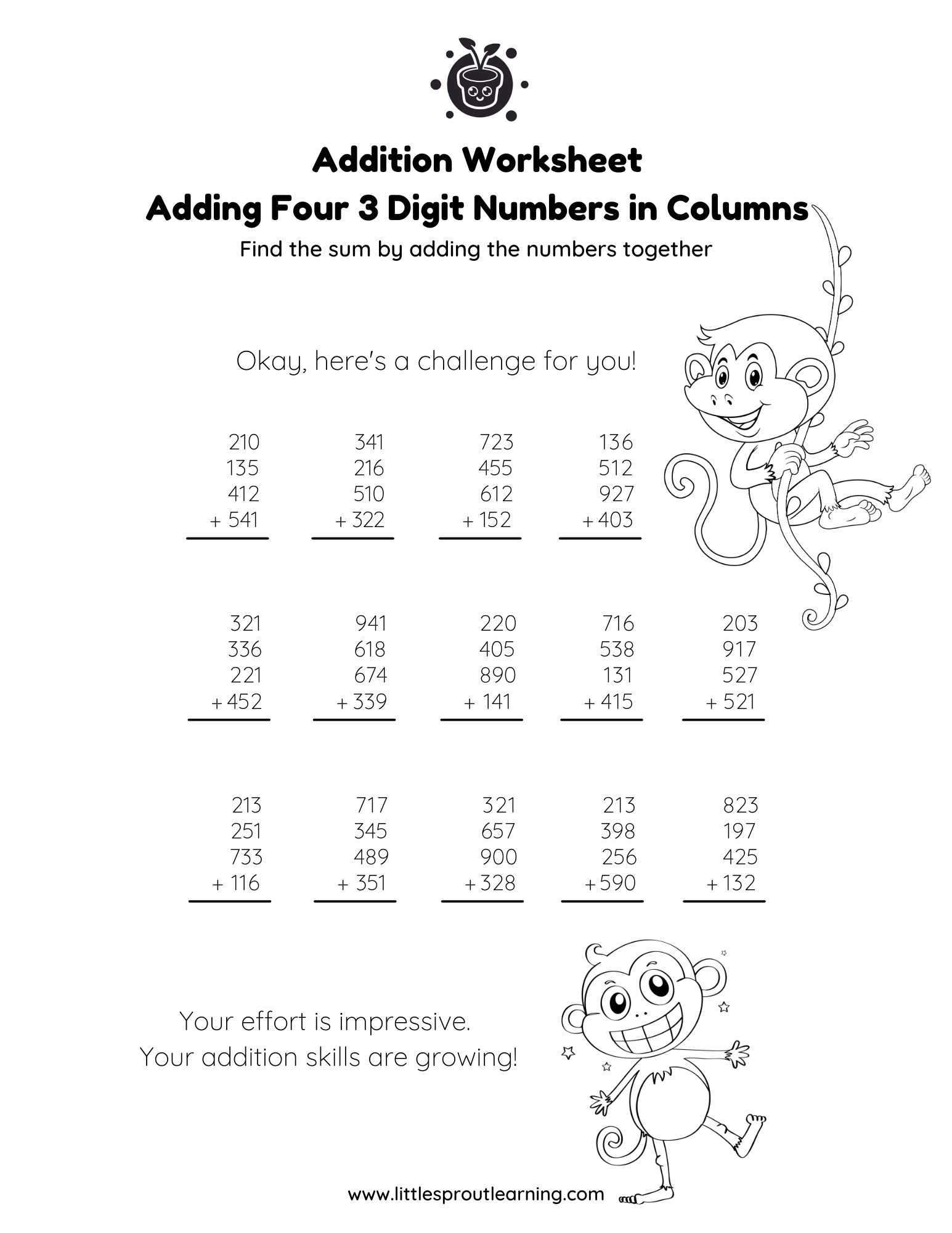 Adding Four 3 Digit Numbers Columns Little Sprout Art