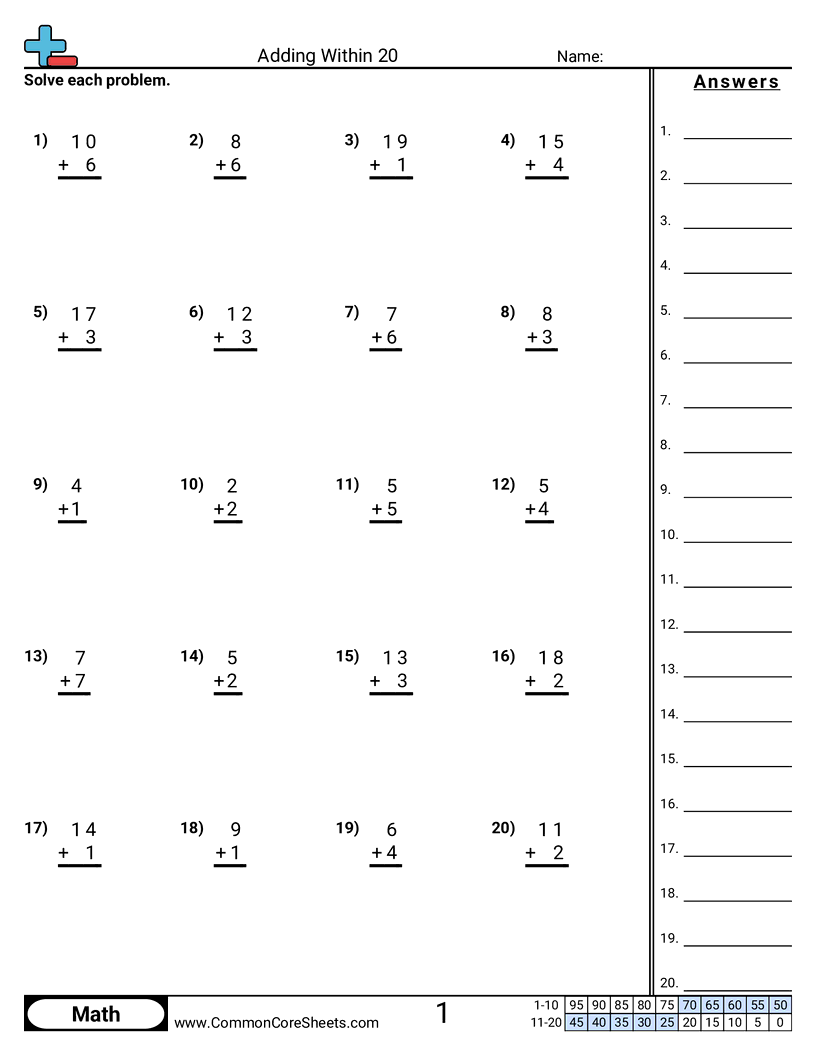 Adding Within 20 Worksheet Download