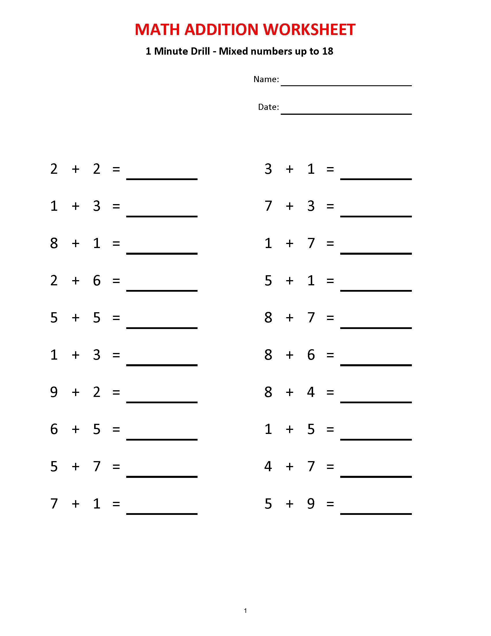 Addition 1 Minute Drill 10 Math Worksheets Grades 1 3 PDF Etsy