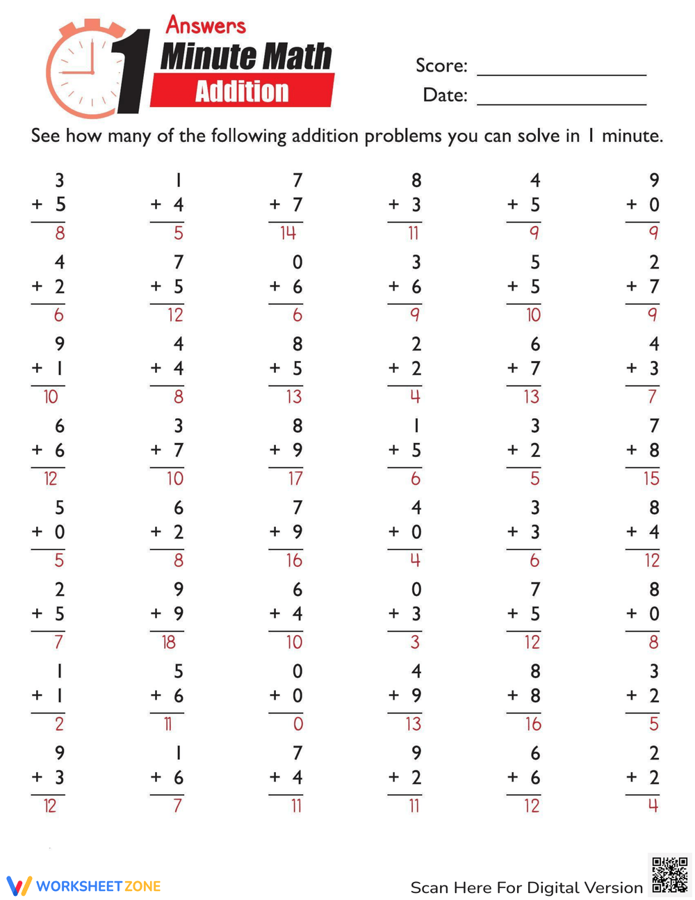 Addition 1 Minute Drill 10 Math Worksheets Grades 1 3 PDF Etsy