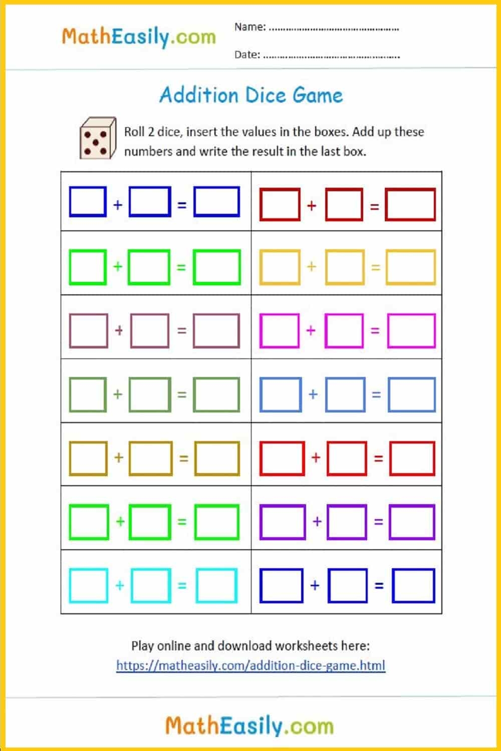 Free Printable Addition Facts Board Game