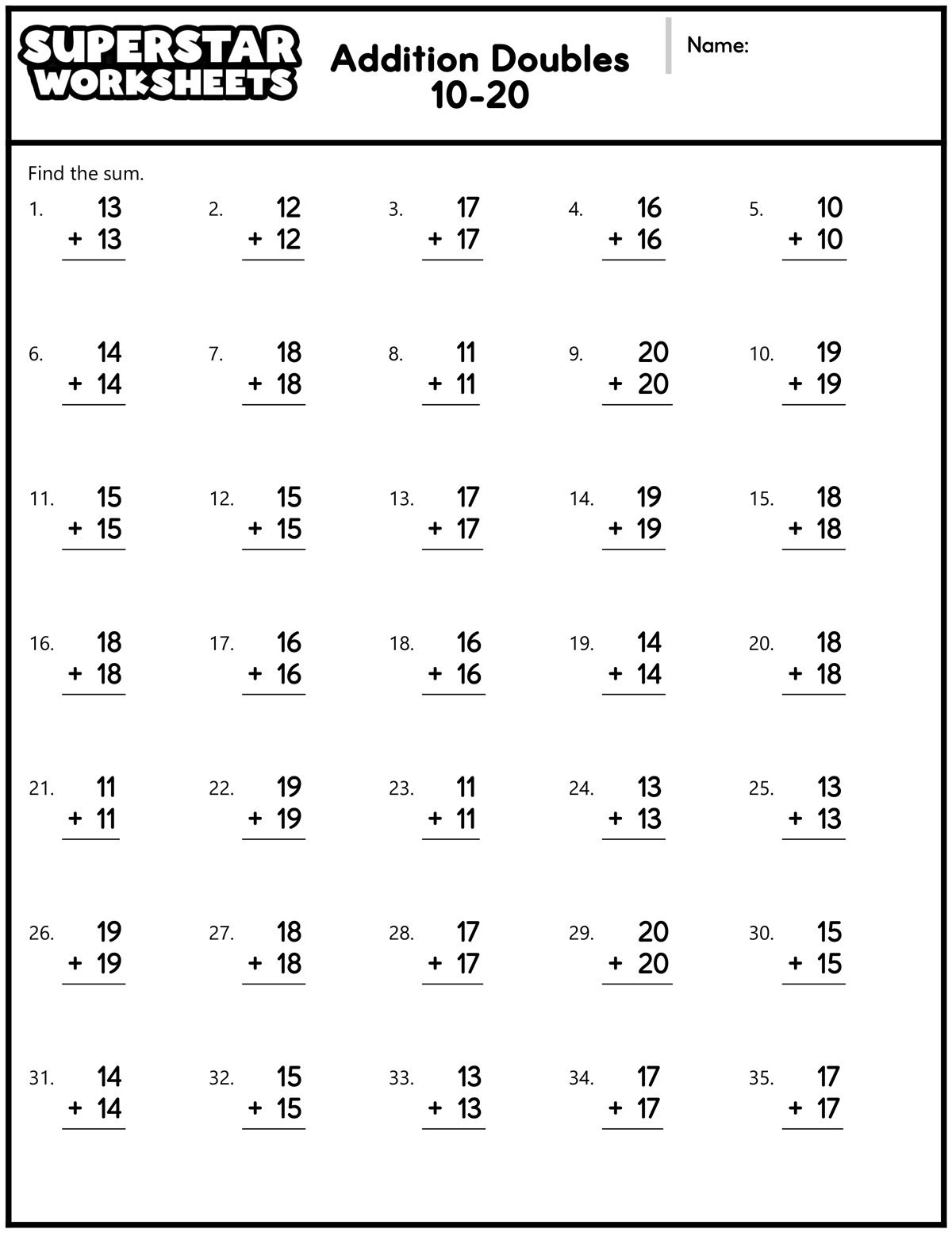 Addition Doubles Worksheets Superstar Worksheets