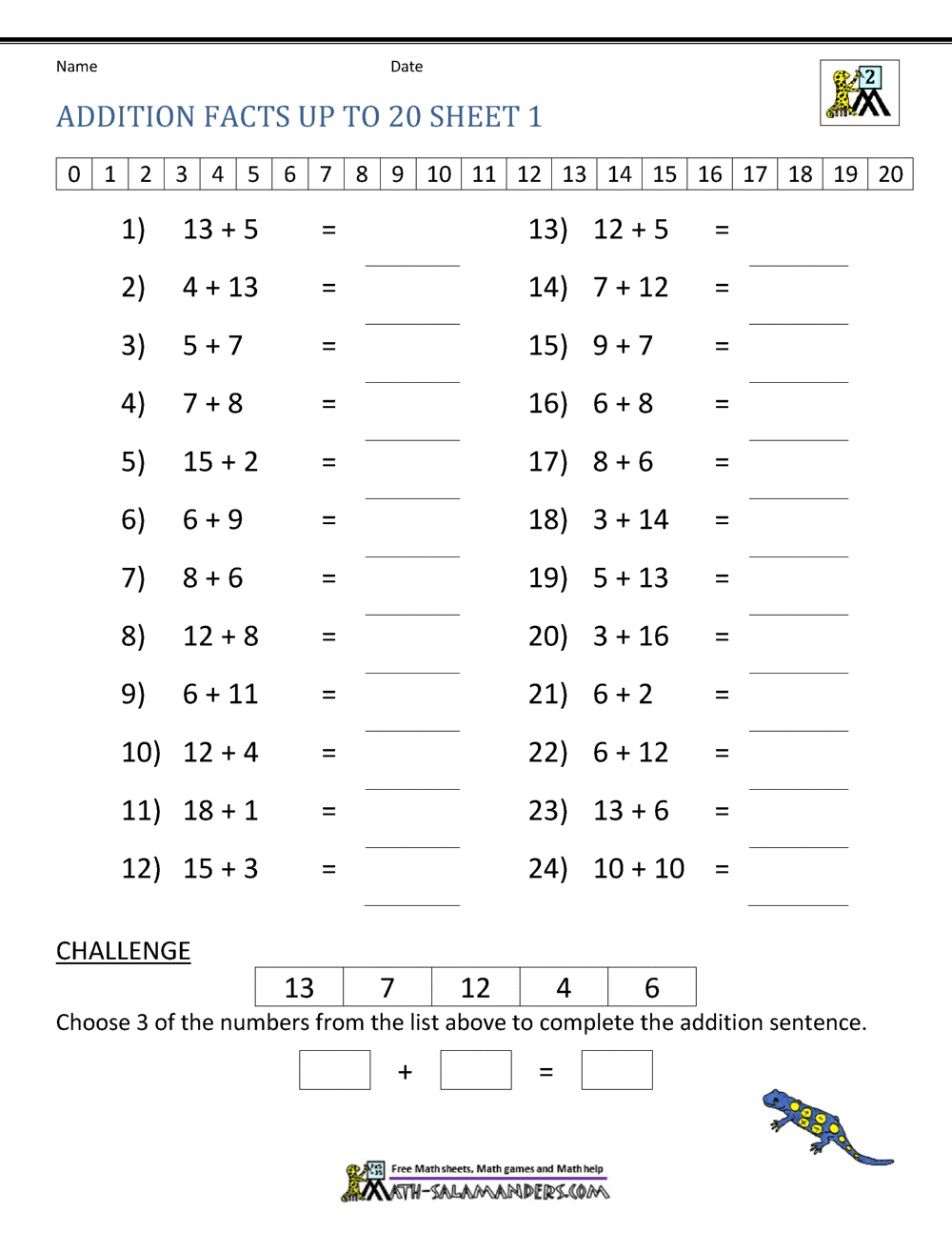 Addition Facts To 20 Sheet 1
