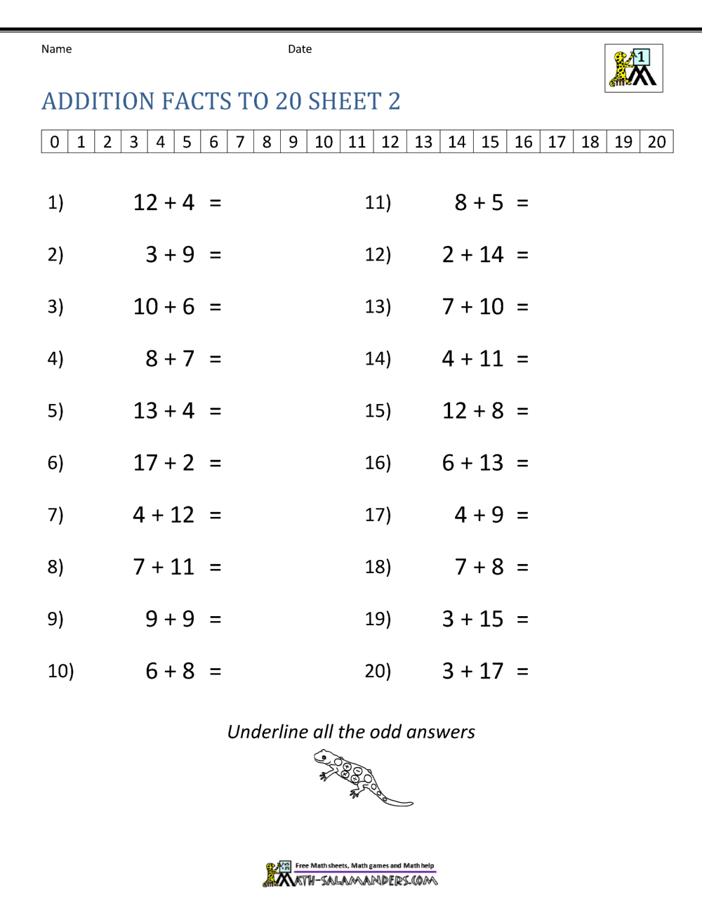 Addition Facts To 20 Worksheets