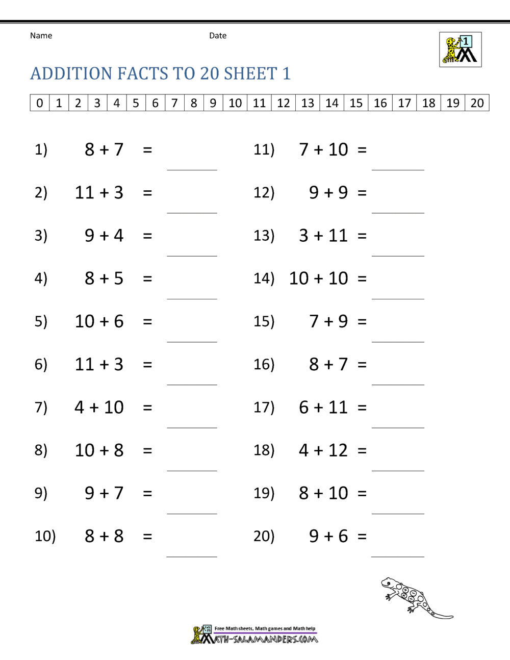 Free Addition Facts To 20 Worksheets For Kids Printable PDF
