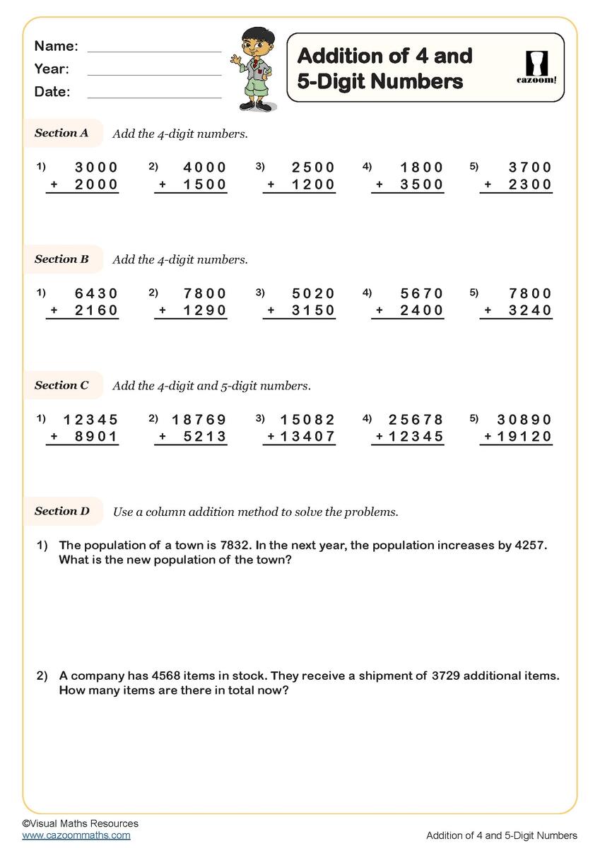 Addition Of 4 And 5 Digit Numbers Worksheet Key Stage 2 PDF Number Worksheets
