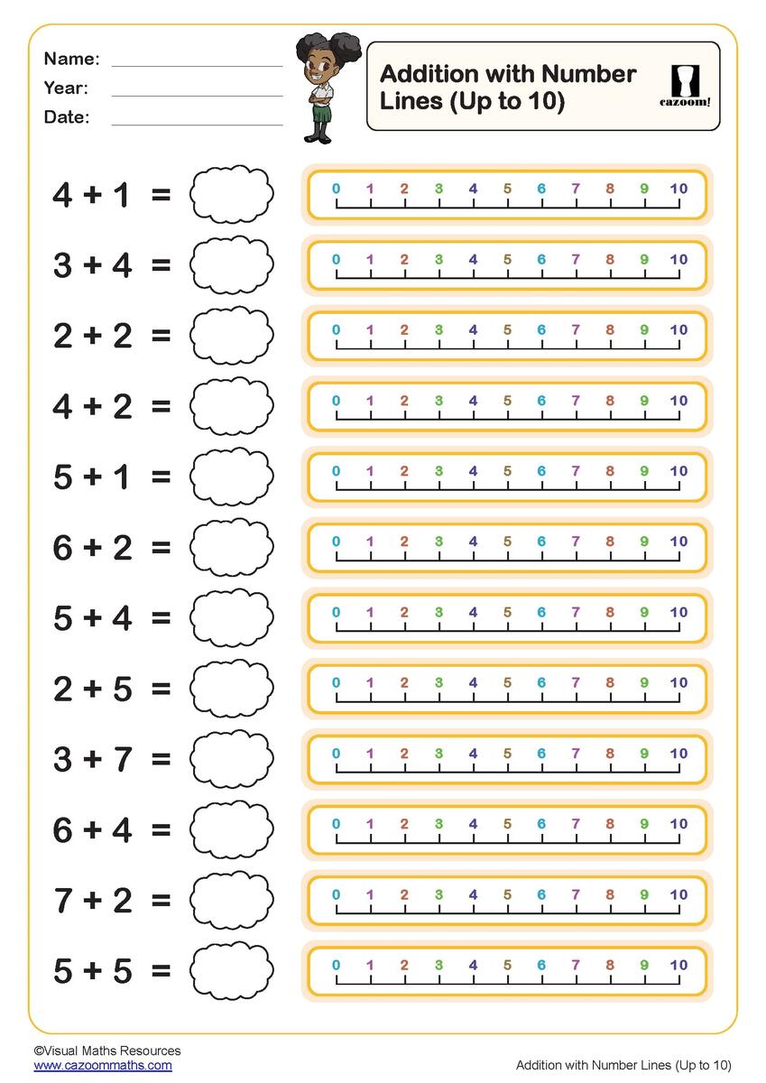 Addition With Number Lines Worksheet Up To 10 PDF Printable Addition Worksheets