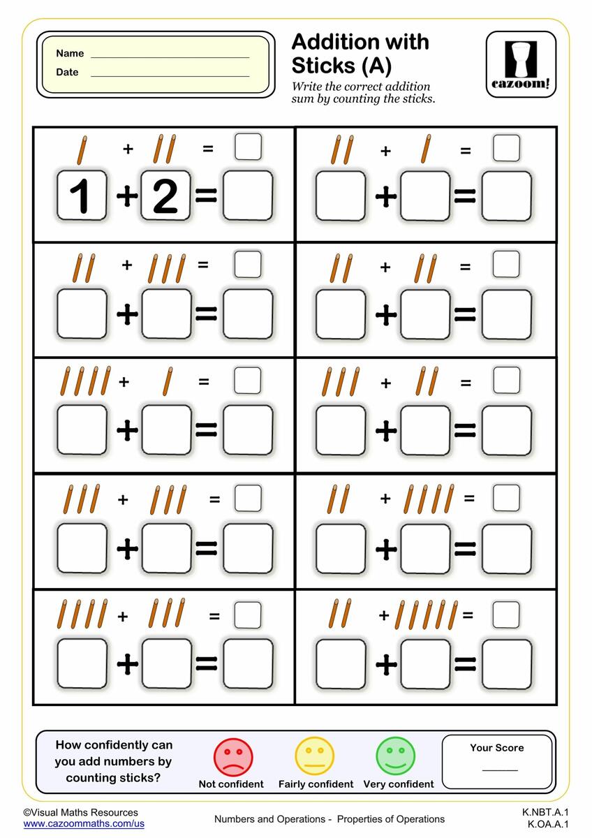 Addition With Sticks A Fun And Engaging K Grade PDF Worksheets Cazoom Math