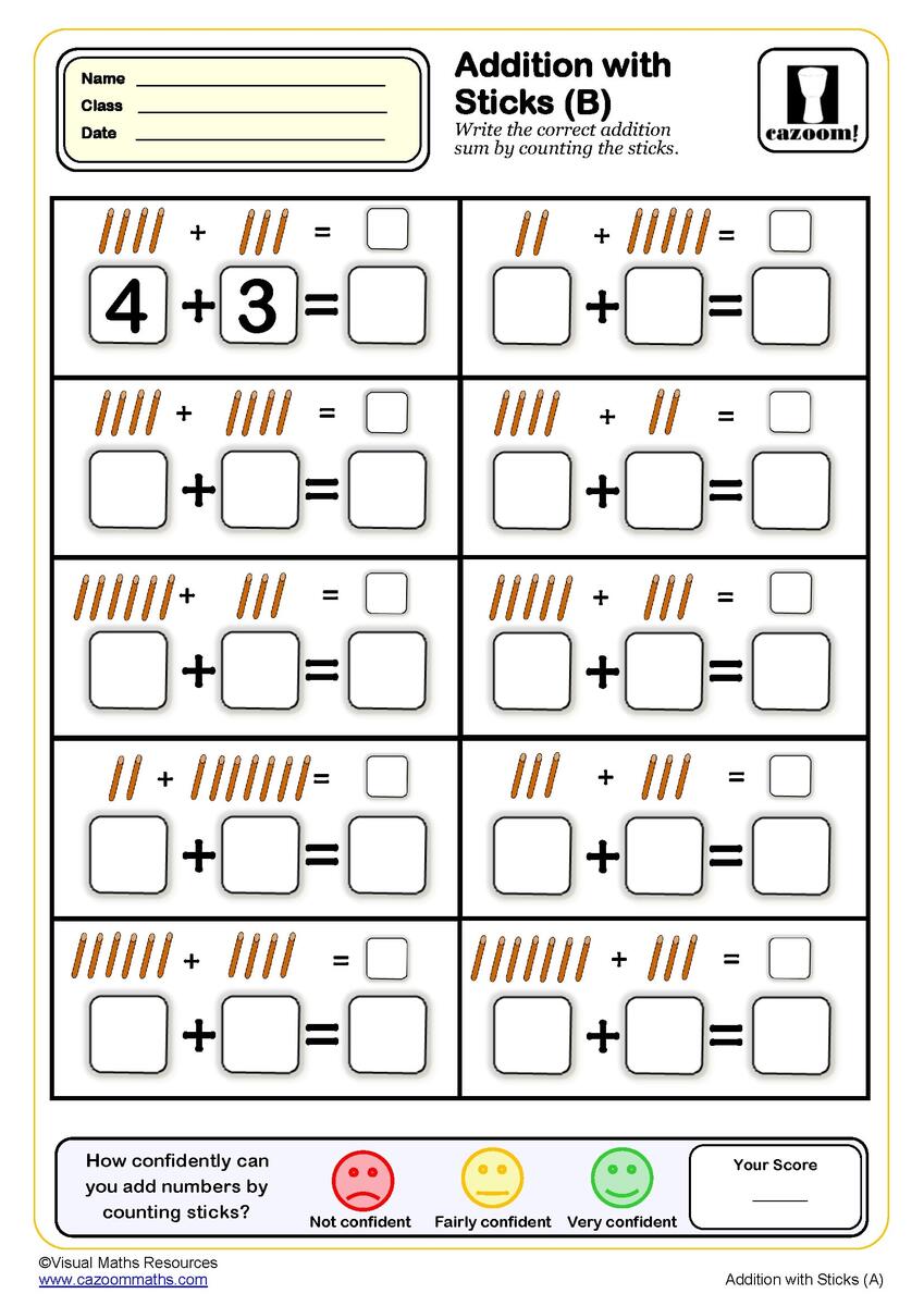 Addition With Sticks Worksheet B PDF Printable Addition Worksheets