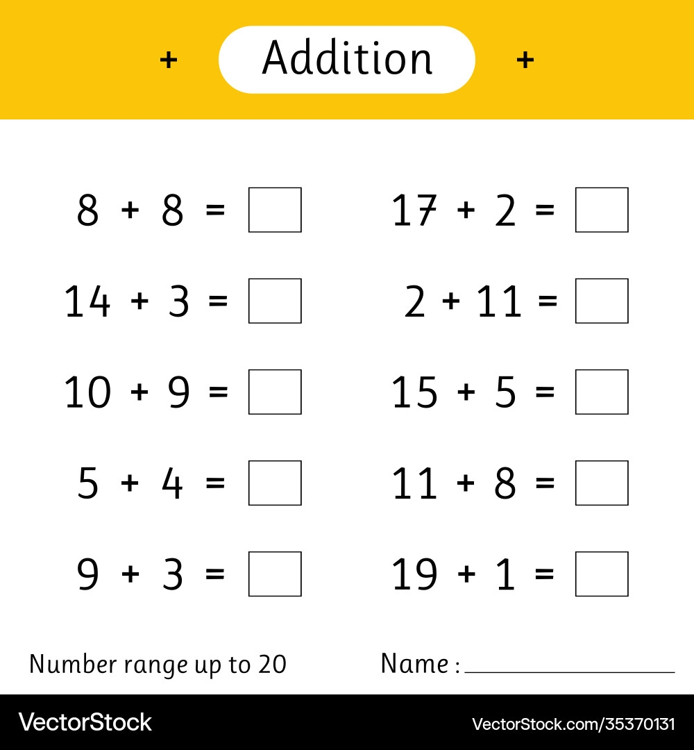 Addition Worksheet Numbers 1 To 20 Royalty Free Vector VectorStock