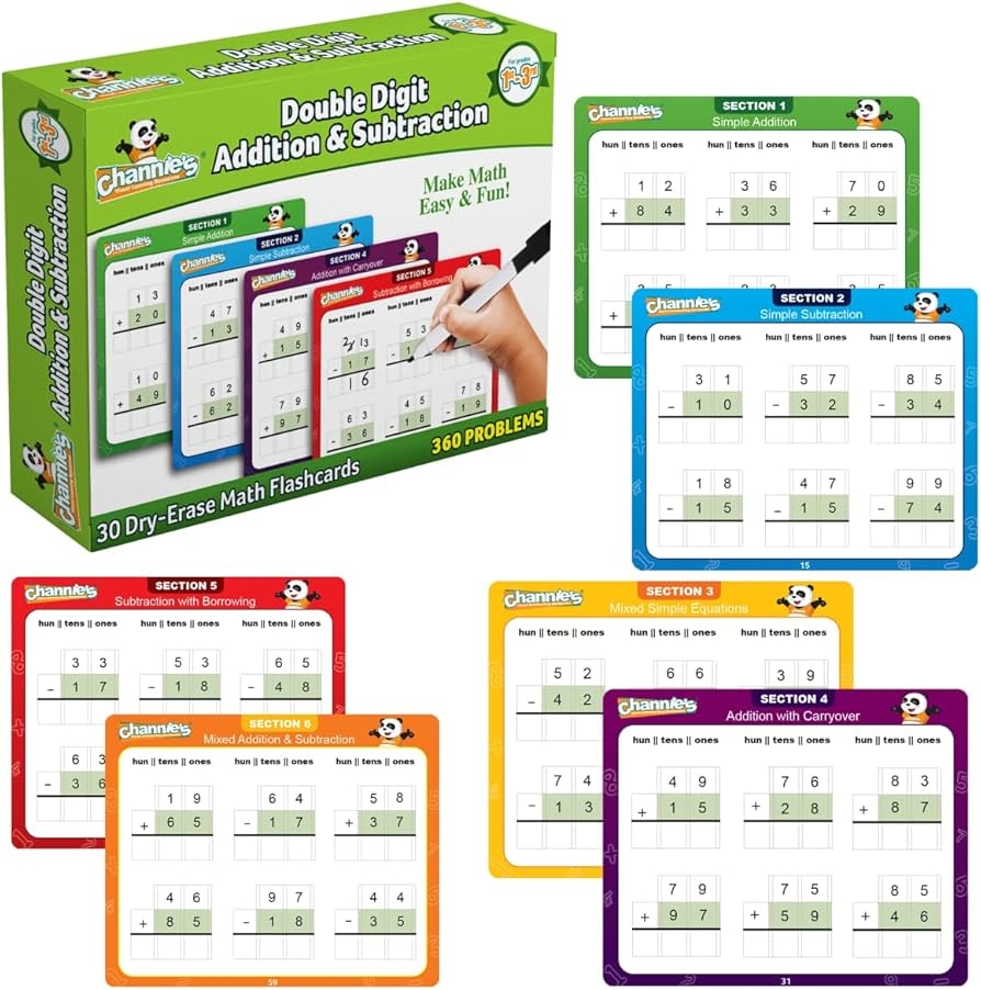 Amazon Channie S Double Digit Addition And Subtraction Flash Cards 30 Dry Erase Educational Math Flash Cards For Kids Ideal For 1st To 3rd Grade Level 2 Color Coded Cards 360 Two Digit Problems