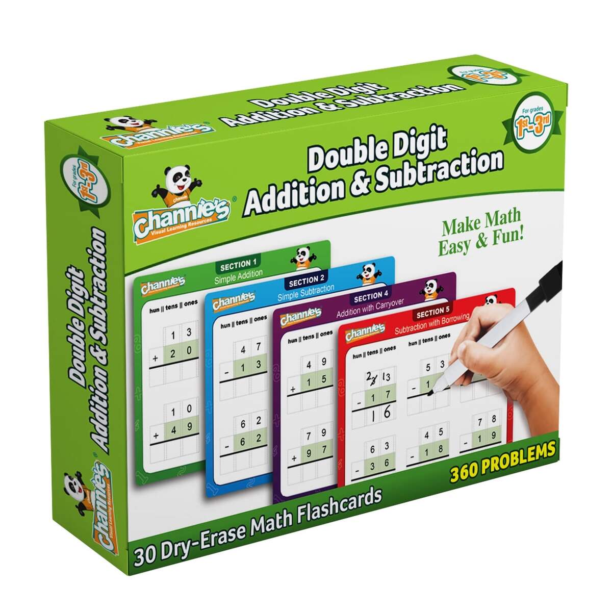 Amazon Channie S Double Digit Addition And Subtraction Flash Cards 30 Dry Erase Educational Math Flash Cards For Kids Ideal For 1st To 3rd Grade Level 2 Color Coded Cards 360 Two Digit Problems