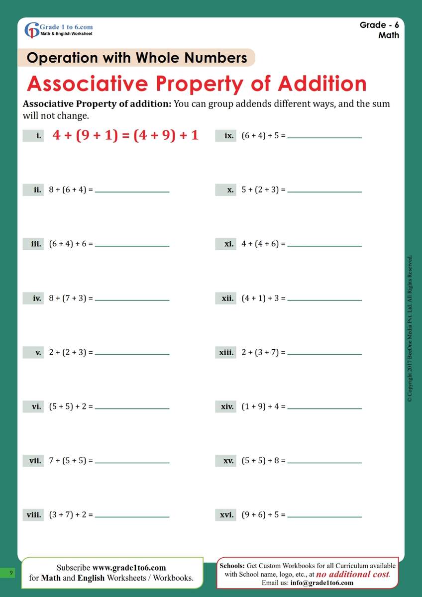 Associative Property Of Addition Worksheet Grade 6