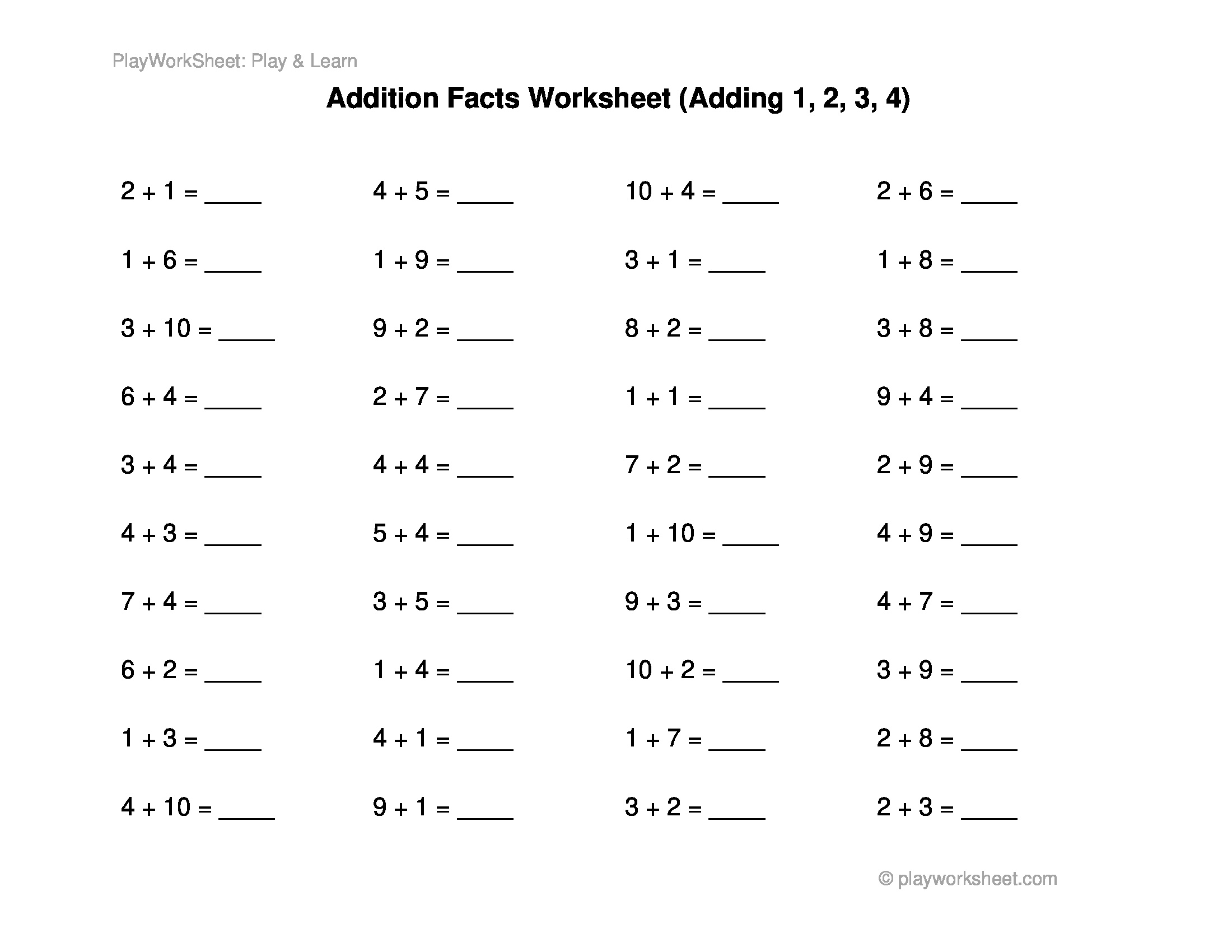 Basic Addition Facts Worksheet Adding 1 2 3 And 4 Free Printables For Kids