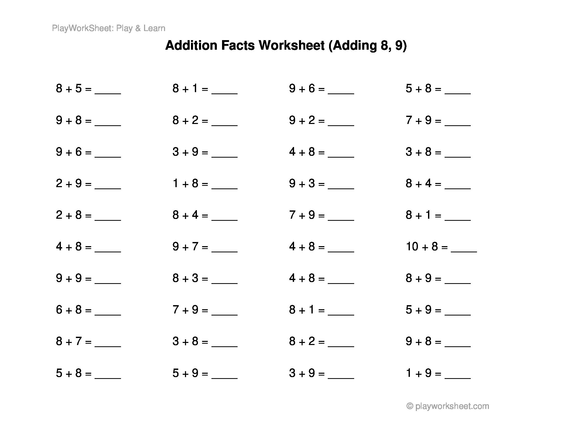 Basic Addition Facts Worksheet Adding 8 And 9 Free Printables For Kids