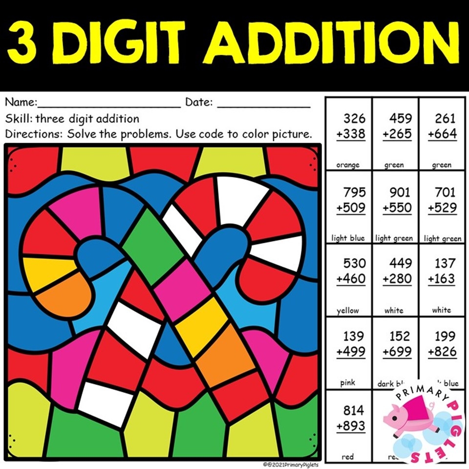 CHRISTMAS 3 DIGIT ADDITION WITH REGROUPING COLOR BY NUMBER CODE CANDYCANES Made By Teachers
