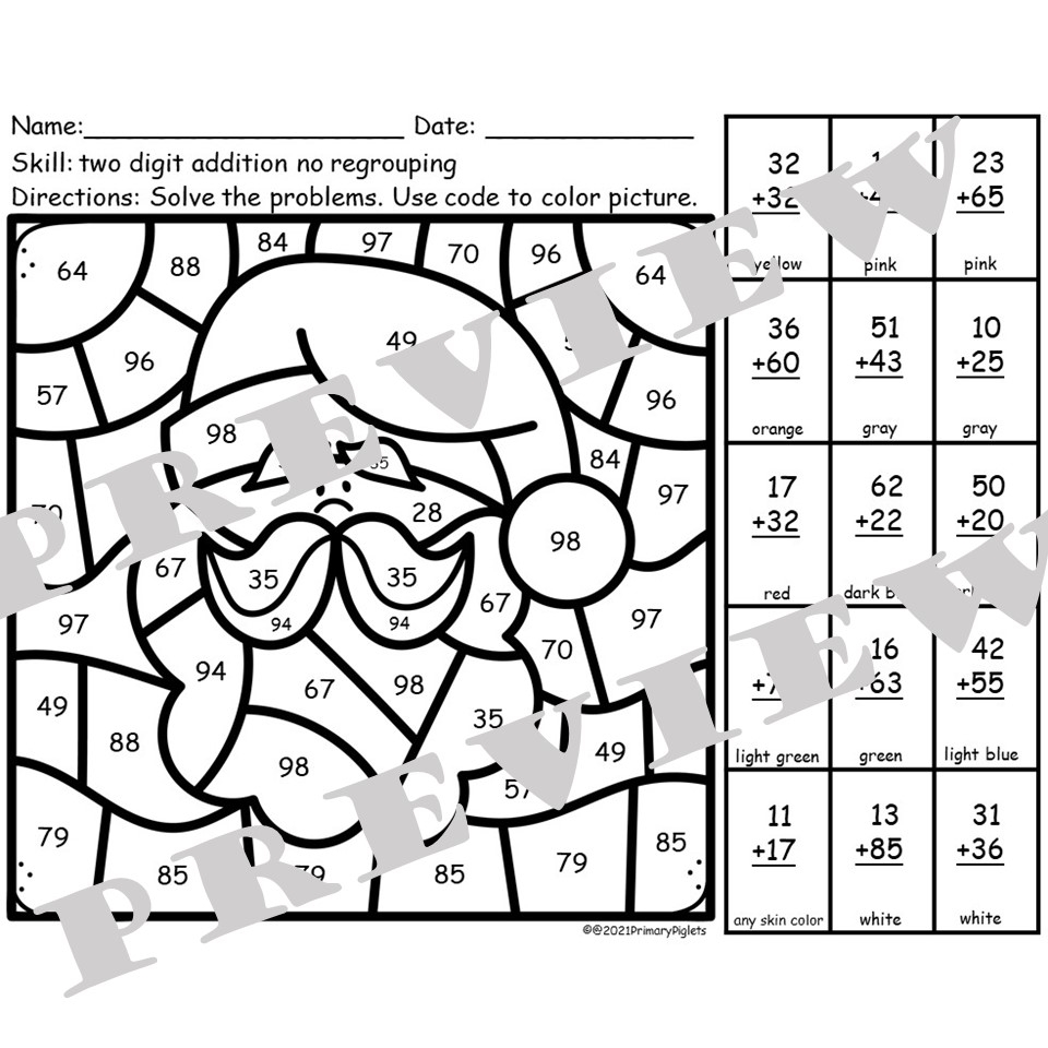 Christmas Math Coloring Pages 2 Digit Addition With Regrouping Color By Number Code Santa Claus Classful