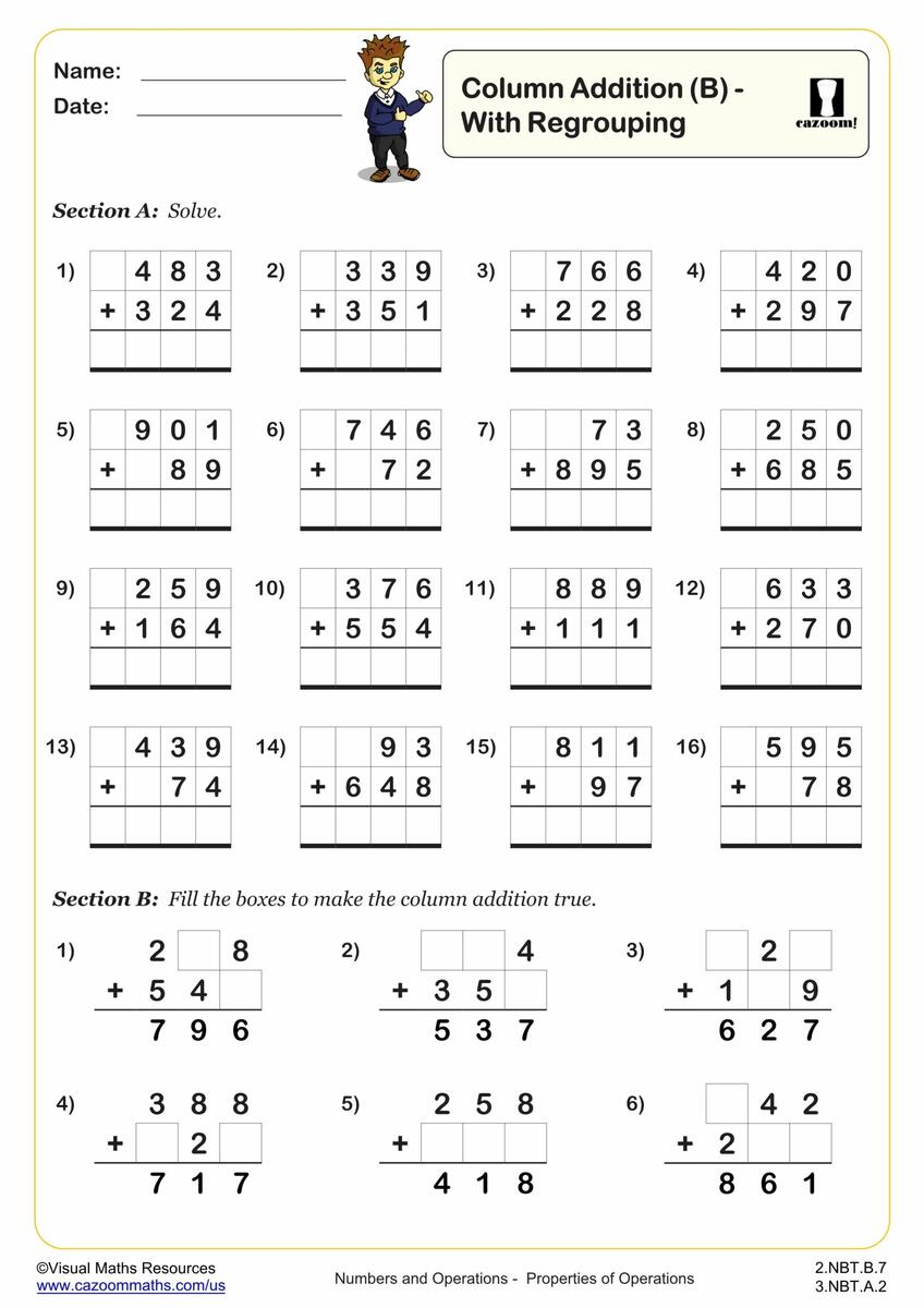Column Addition B PDF Printable Addition Worksheets Cazoom Math