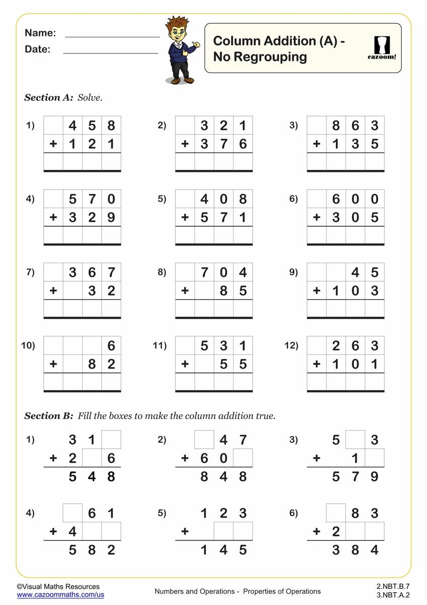 Column Addition B PDF Printable Addition Worksheets Cazoom Math