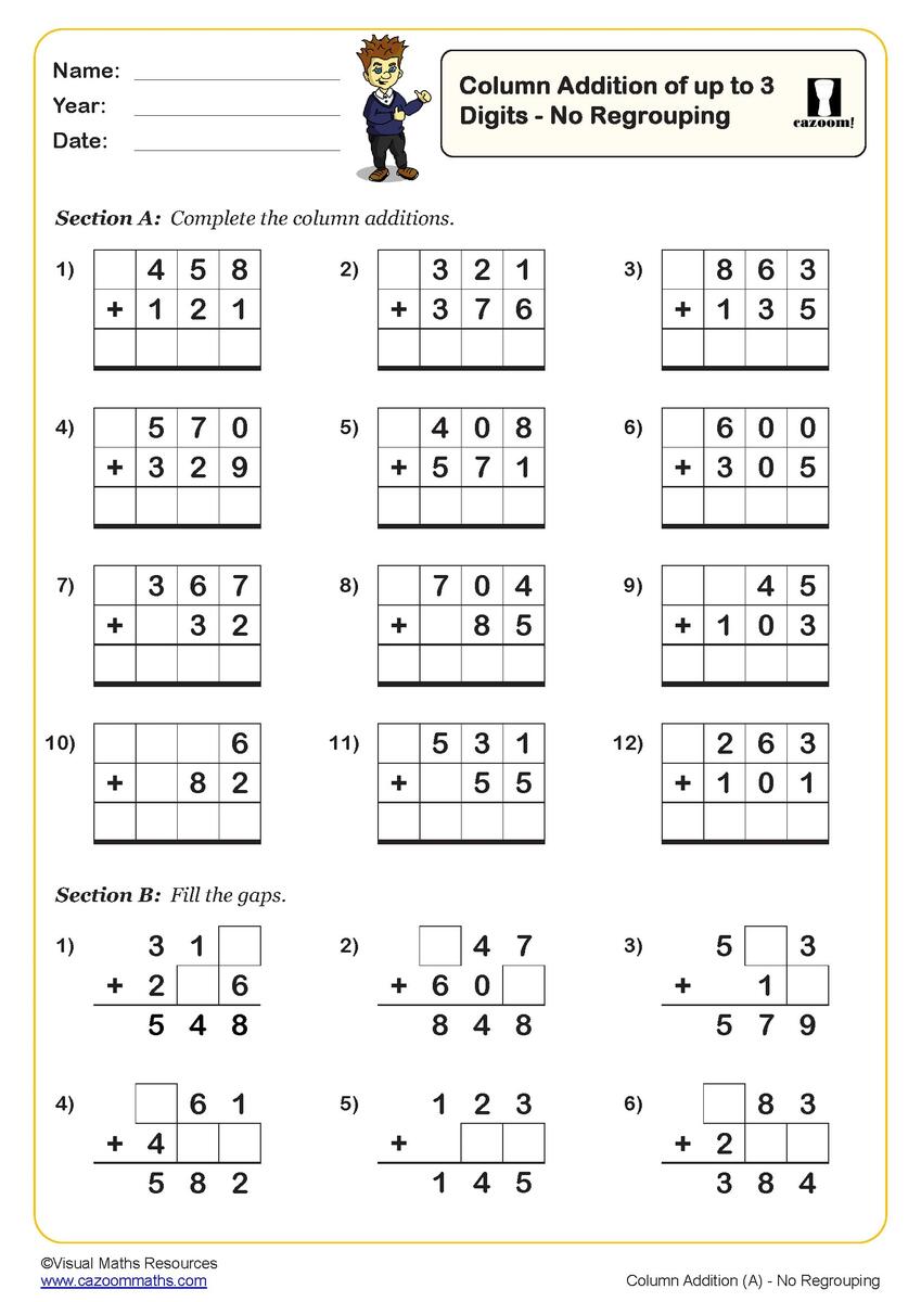 Column Addition Of Up To 3 Digits No Regrouping PDF Printable Addition Worksheets