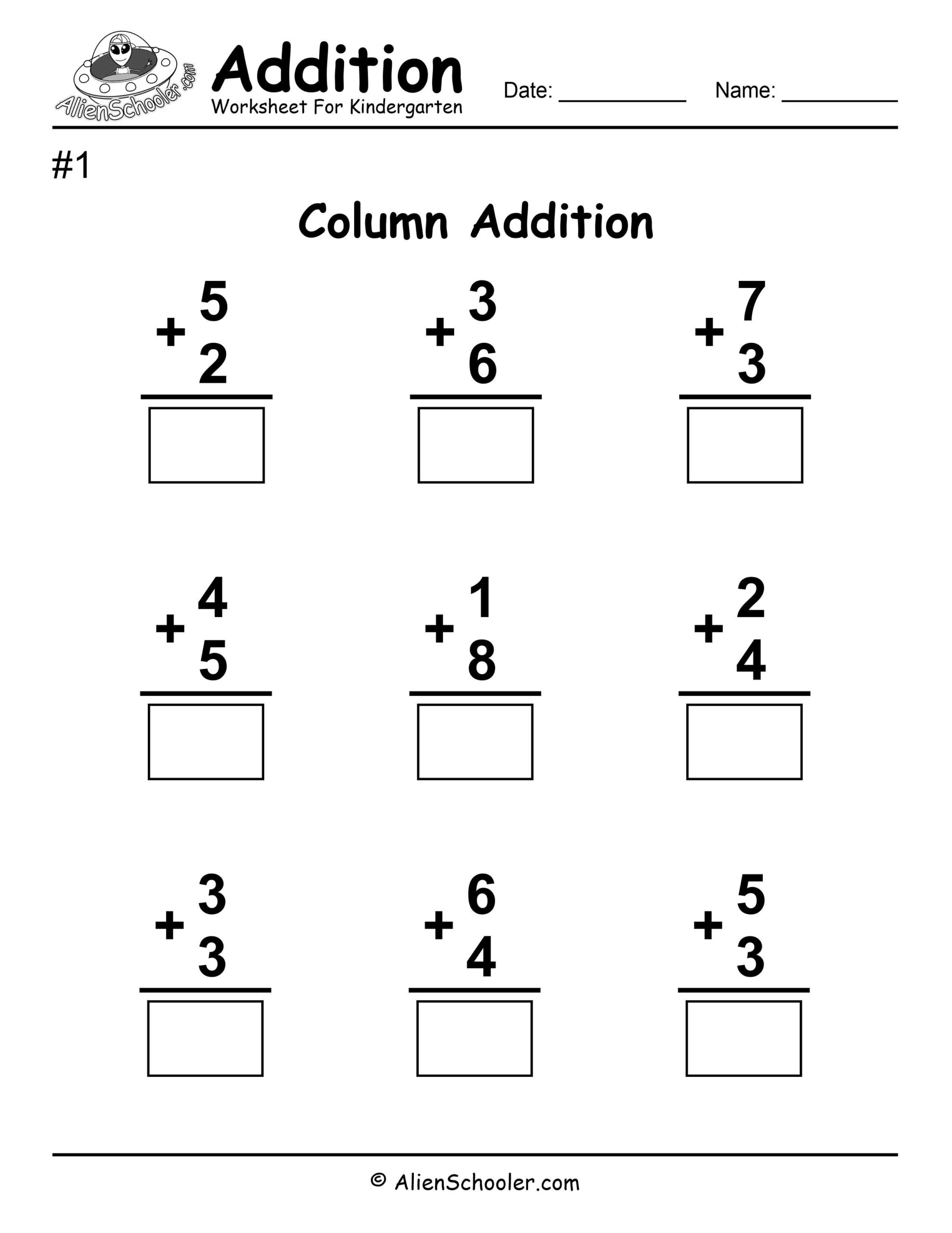 Column Addition Worksheet For Kindergarten PDF Free Printable Alien Schooler