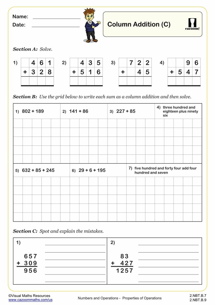 Column Additoin C Fun And Engaging 2nd Grade PDF Worksheets Cazoom Math