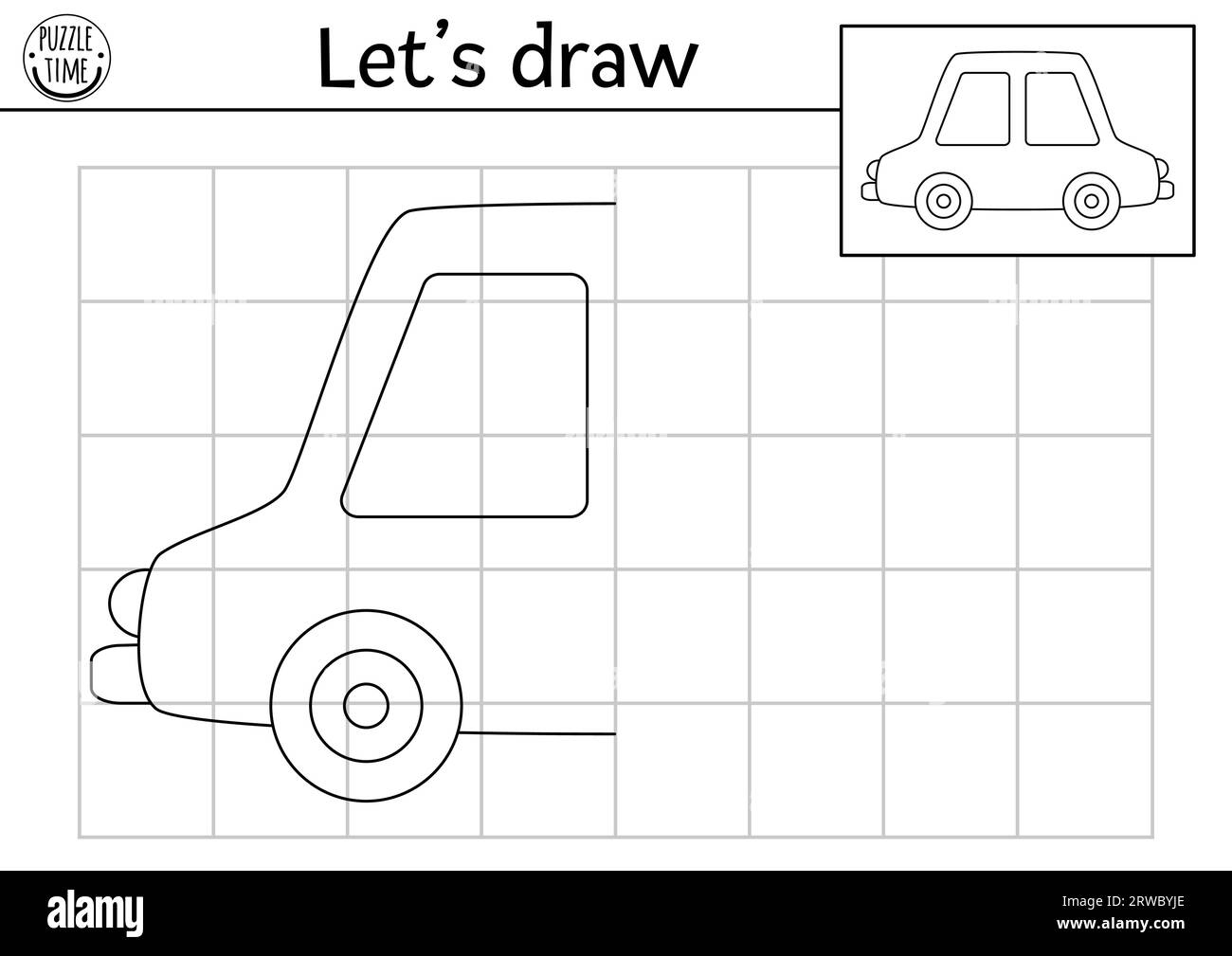Complete The Car Picture Vector Transportation Symmetrical Drawing Practice Worksheet Printable Black And White Activity For Kids Copy The Picture Stock Vector Image Art Alamy