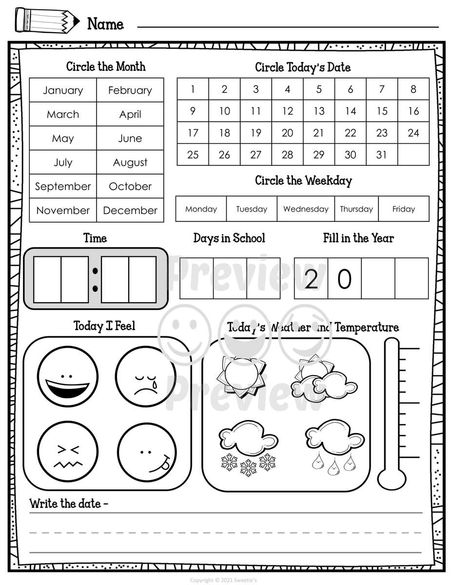 FREE Kindergarten Daily Calendar Printable Worksheets