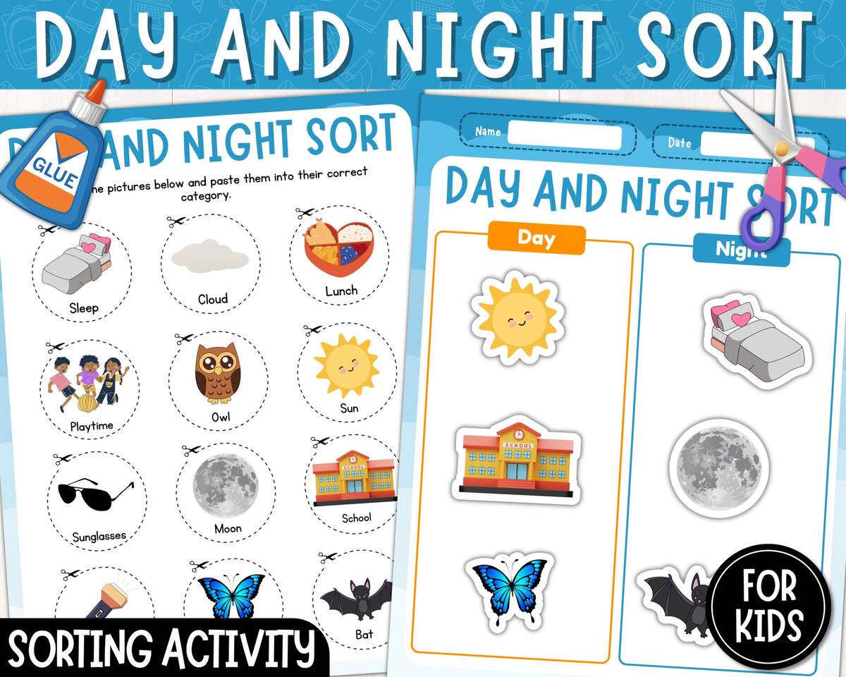 Day And Night Sorting Activity Cut And Paste Day Or Night Printable Worksheet For Kids Preschool Montessori Instant Download PDF Etsy Canada