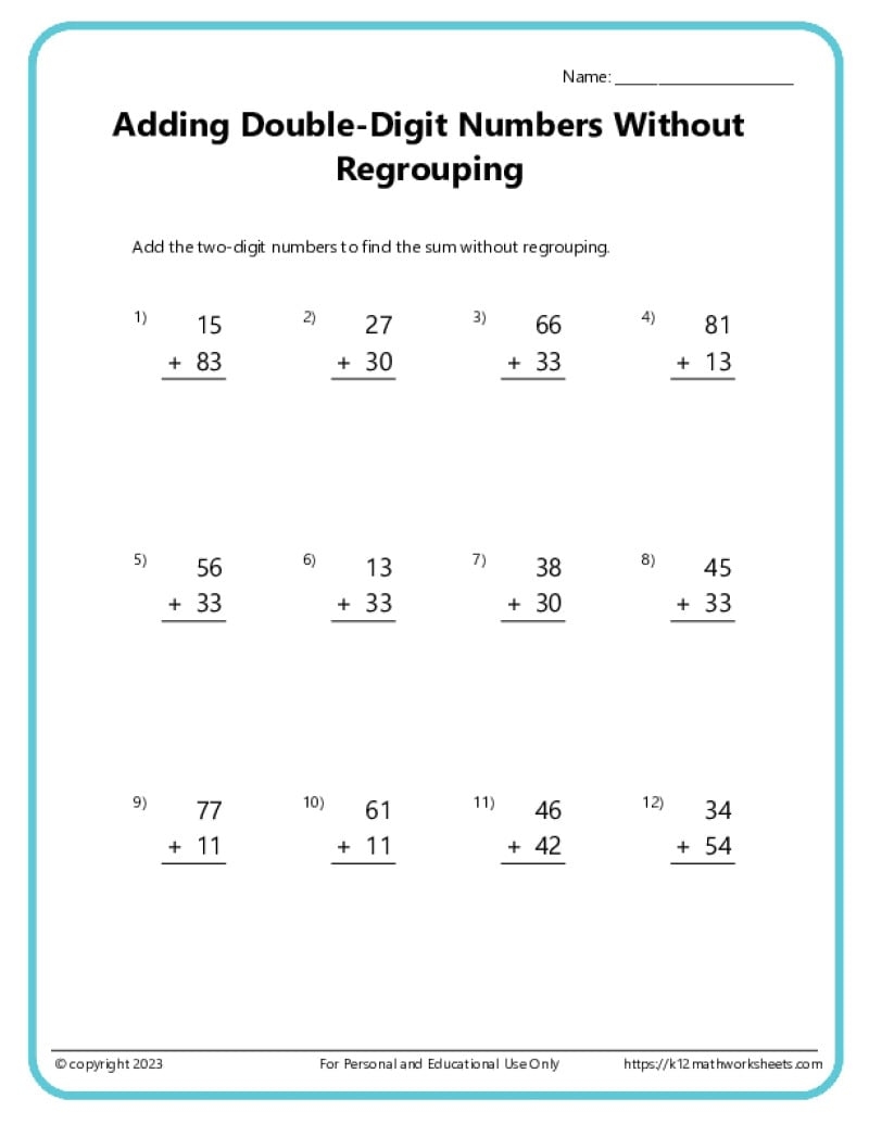 Double Digit Addition Without Regrouping Worksheets