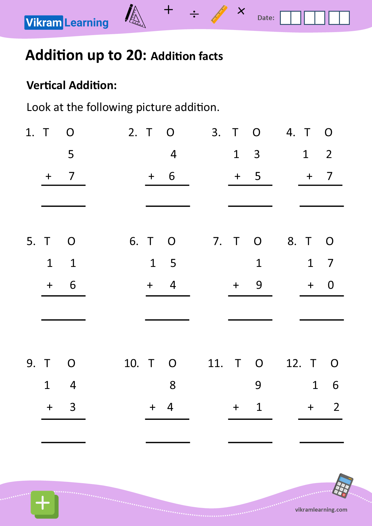 Download Addition Up To 20 Using Vertical Addition Worksheets Vikramlearning