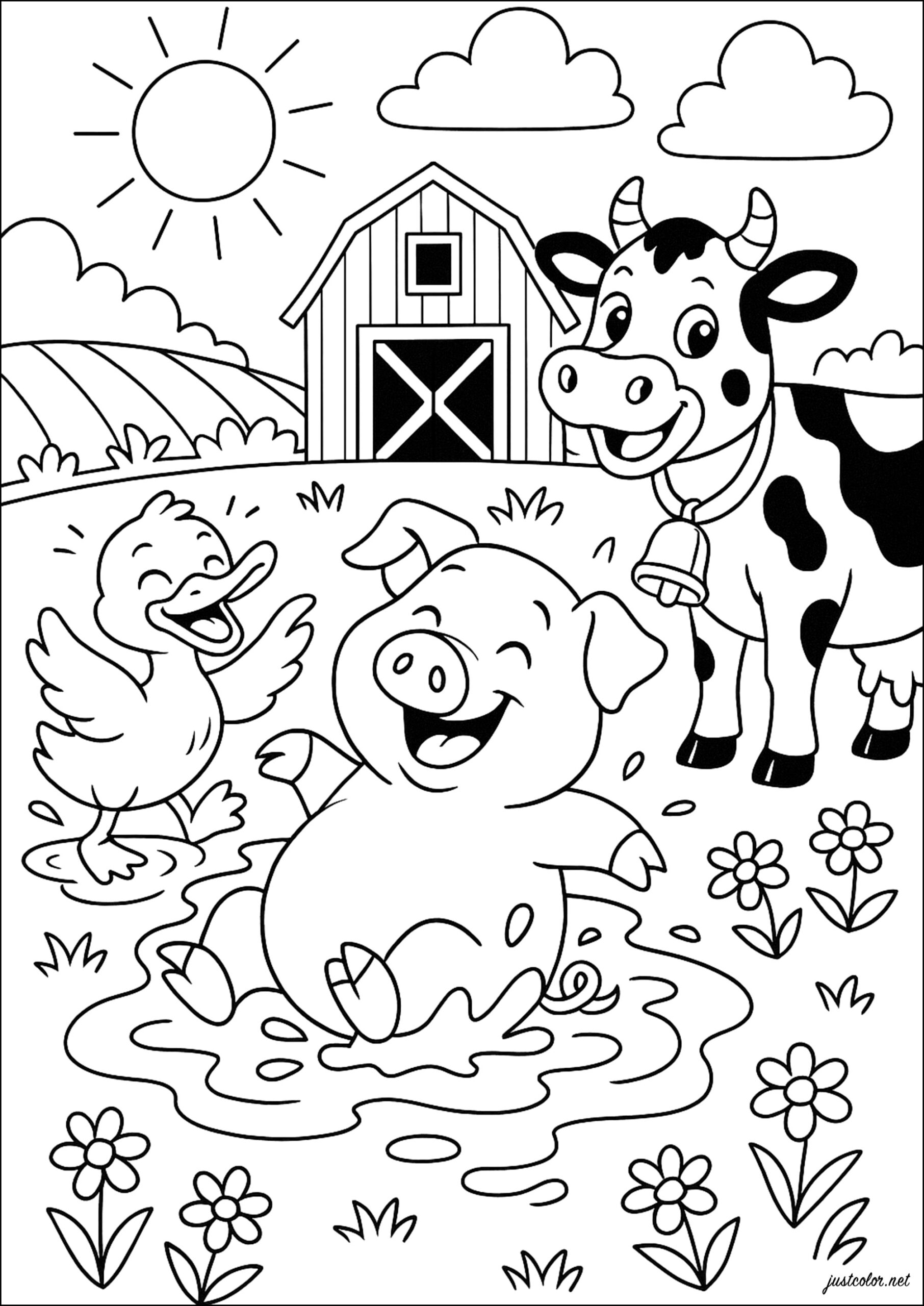 Duck Cow And Pig Farm Coloring Pages