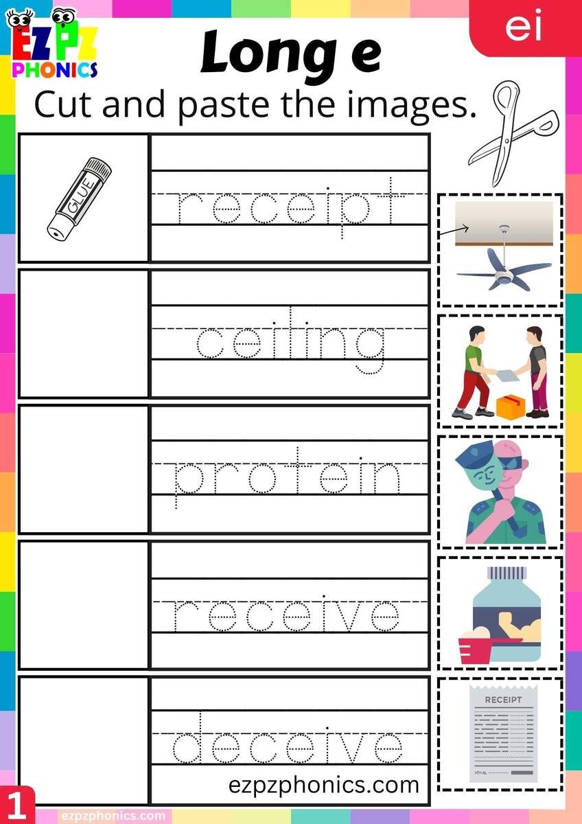 EI Words Cut And Paste The Images Long E Phonics Worksheet Ezpzphonics