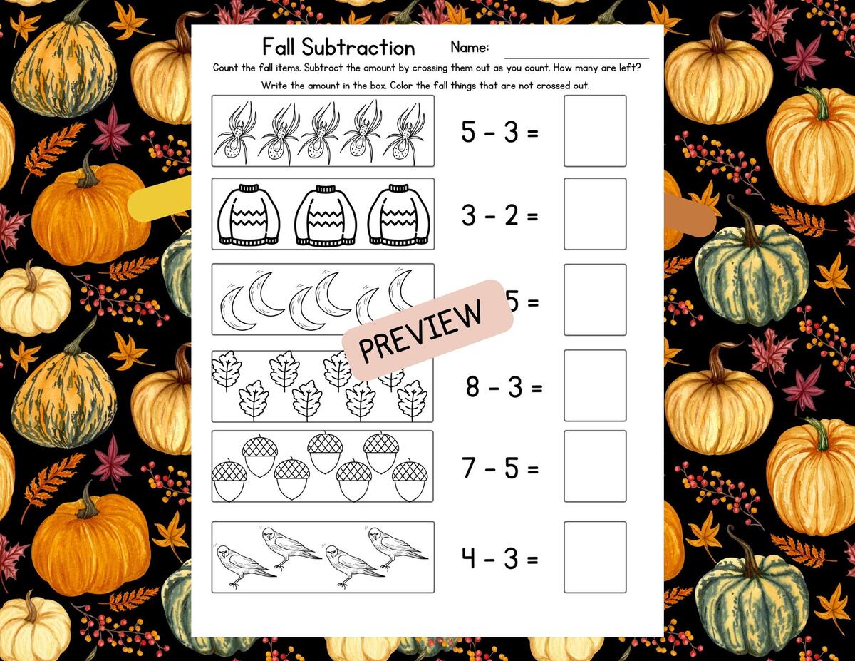 Fall Subtraction Worksheets And Activities Etsy