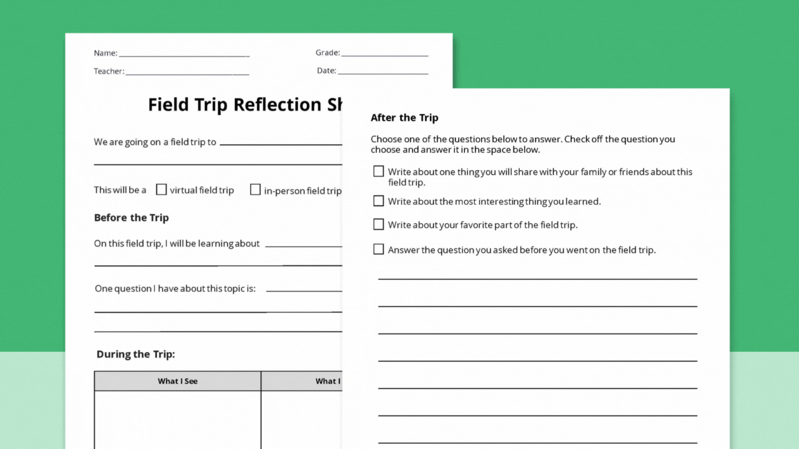 Field Trip Reflection Sheet Free Printable