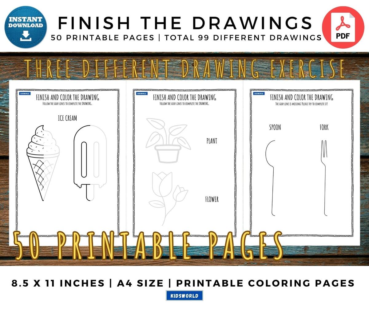 Finish The Drawing Printable Activities For Kids Kids Busy Coloring Pages 50 Pages Drawing Practice For Kids Instant Download PDF Etsy