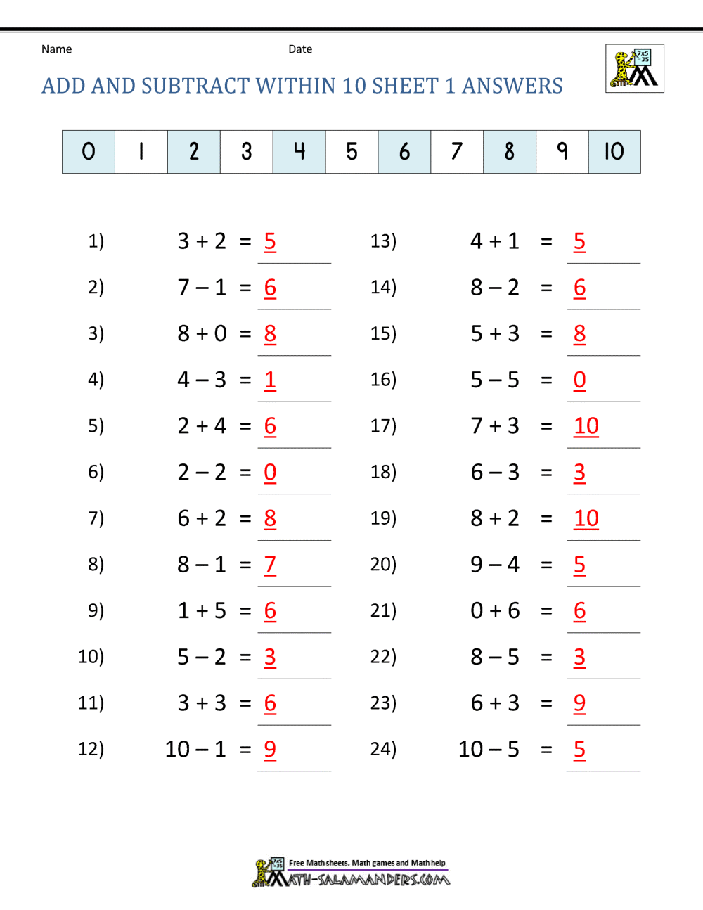 First Grade Addition And Subtraction Facts To 12
