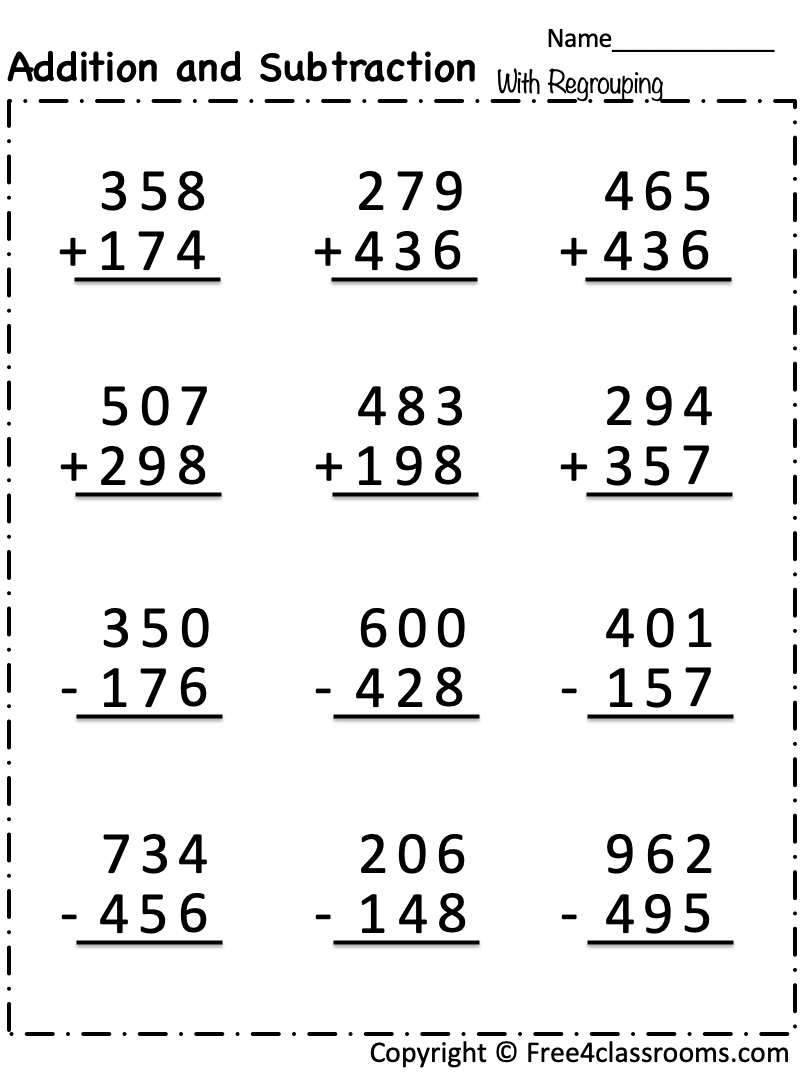 Free Addition And Subtraction Worksheet 3 Digit Numbers With Regrouping Free Worksheets Free4Classrooms