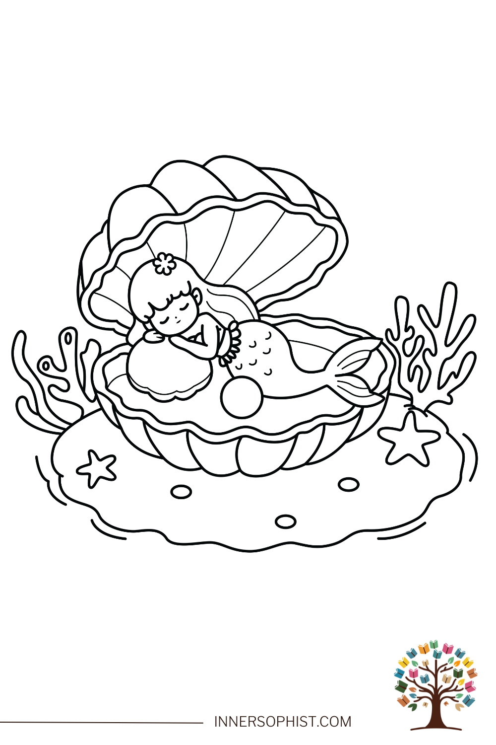 Free Mermaid Coloring Page Sleeping Mermaid In Shell InnerSophist