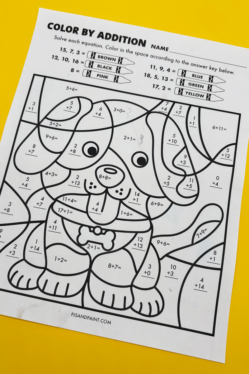 Free Printable Color By Addition Worksheet Pjs And Paint