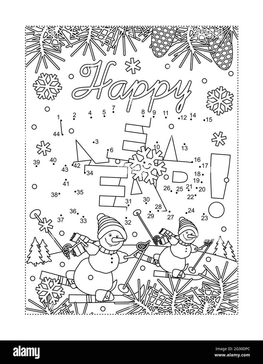 Happy New Year Greeting Connect The Dots Puzzle And Coloring Page Wth Greeting Text And Two Skiing Snowmen In Winter Scene Stock Photo Alamy
