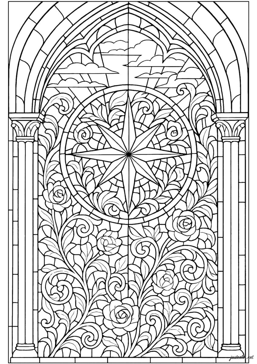 Harmonious Rose Window With Floral Motifs Stained Glass Coloring Pages