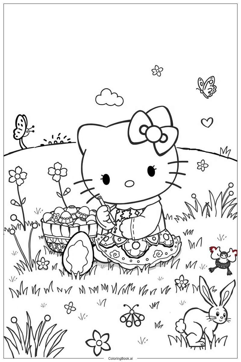 Hello Kitty Celebrating Easter With Eggs 2 Coloring Page Free PDF PNG Printable