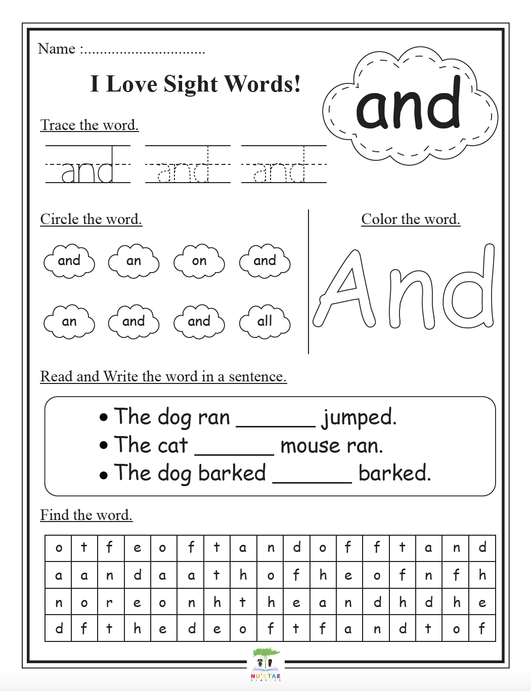 Free Kindergarten Sight Word Worksheets Printable
