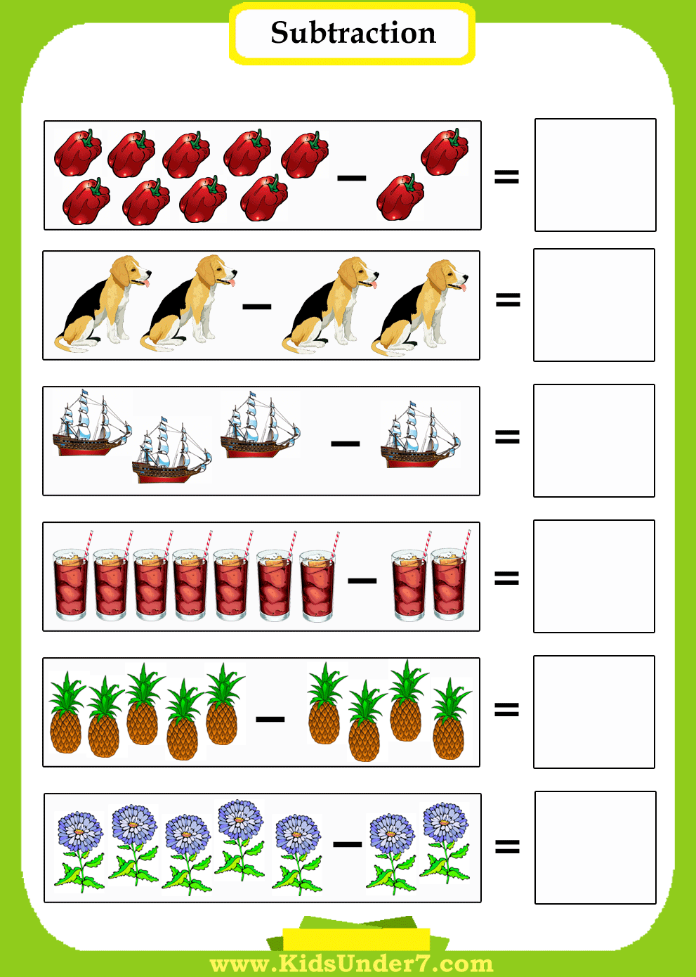 Kids Under 7 Subtraction Worksheets