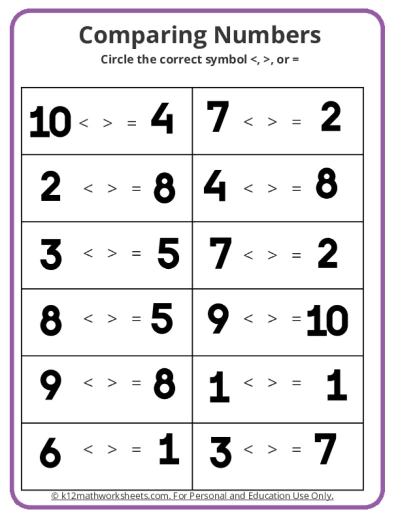 Kindergarten Comparing Numbers Worksheets